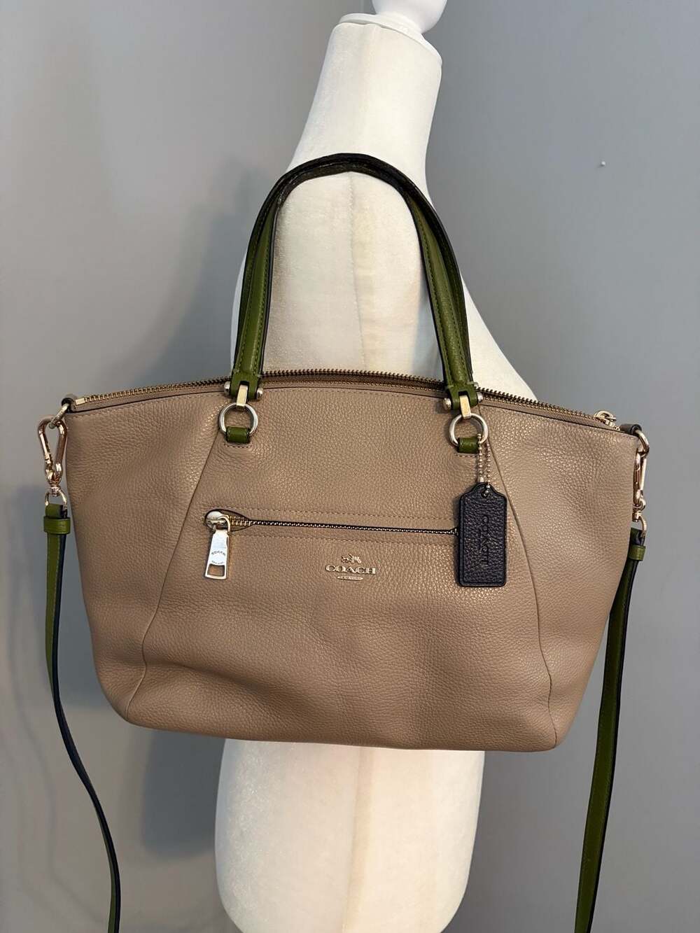 Coach Pebbled Leather Taupe and Green Satchel Handbag